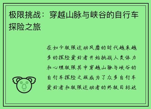 极限挑战：穿越山脉与峡谷的自行车探险之旅